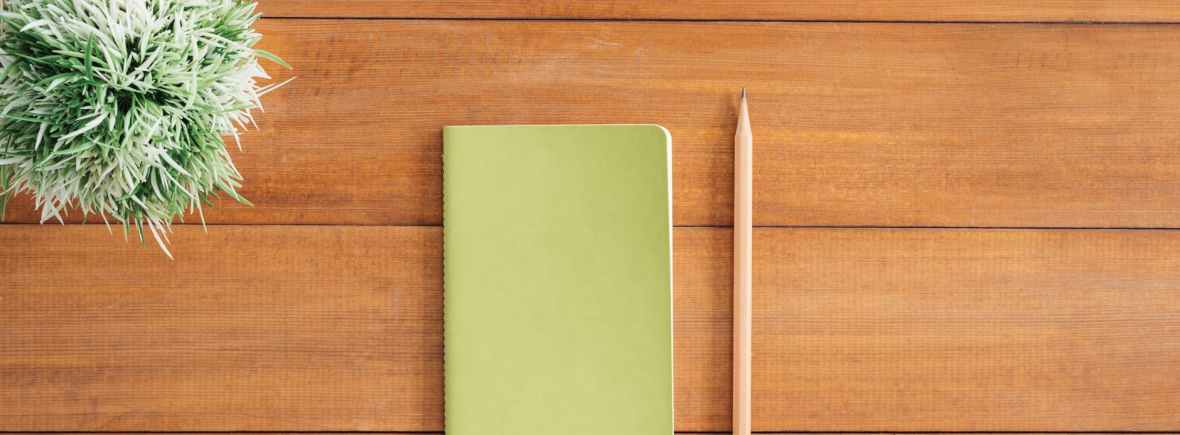 photo of a closed notebook, pencil and small plant on a desk surface