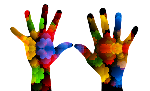 graphic of two differently sized hands in multiple bright colours